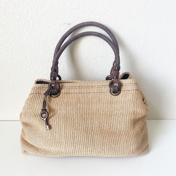Fossil Handbags - FOSSIL Rattan Large SHOULDER Bag TOTE Straw Tan BROWN LEATHER Handbag w/KEY 1954